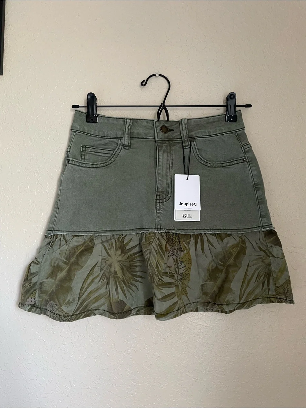 New Desigual Flounce Patchwork Denim Mini Skirt Size US 0/2 Tropical Print Green